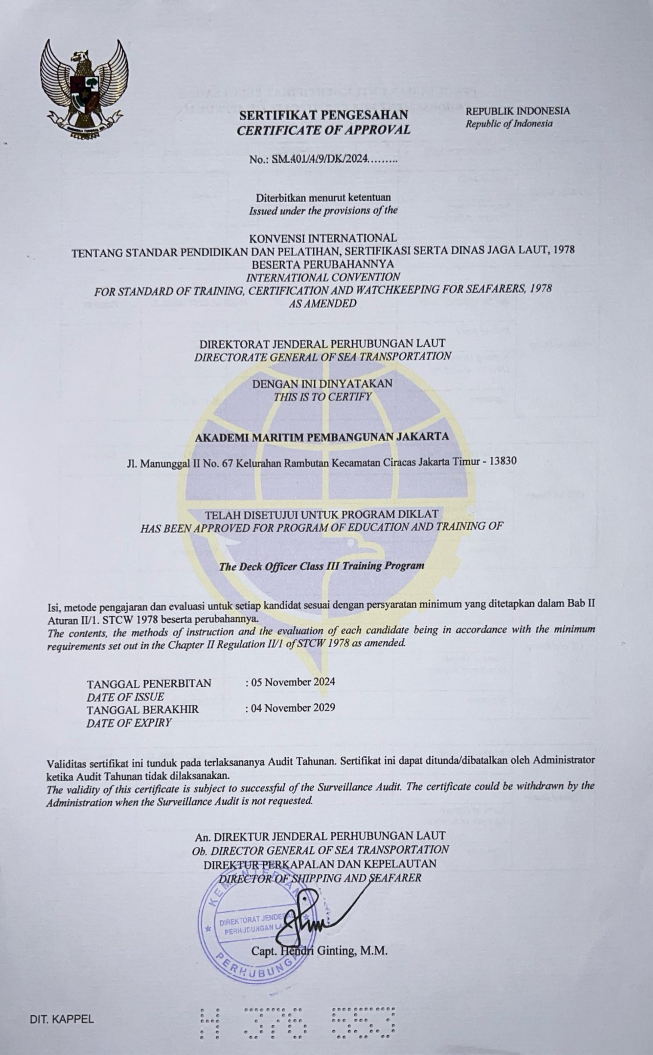 Certificate of Approval - Deck Officer Class III